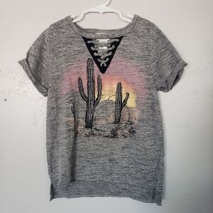 Daytrip Girls Youth Medium Grey Short Sleeve Shirt Cactus Graphic Lace Up V-neck